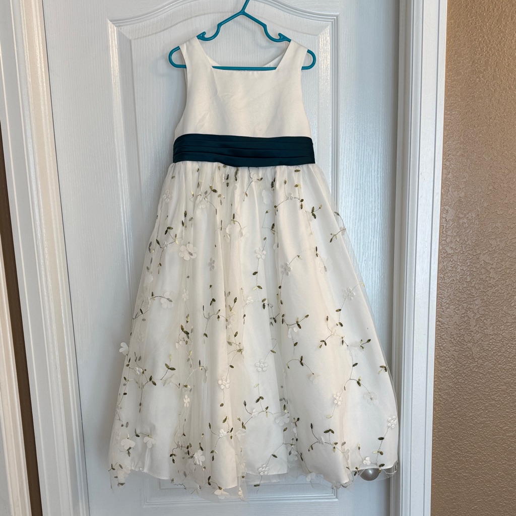 Ivory And Peacock Flower Girl Dress (Azazie) - Garment Bag Included
